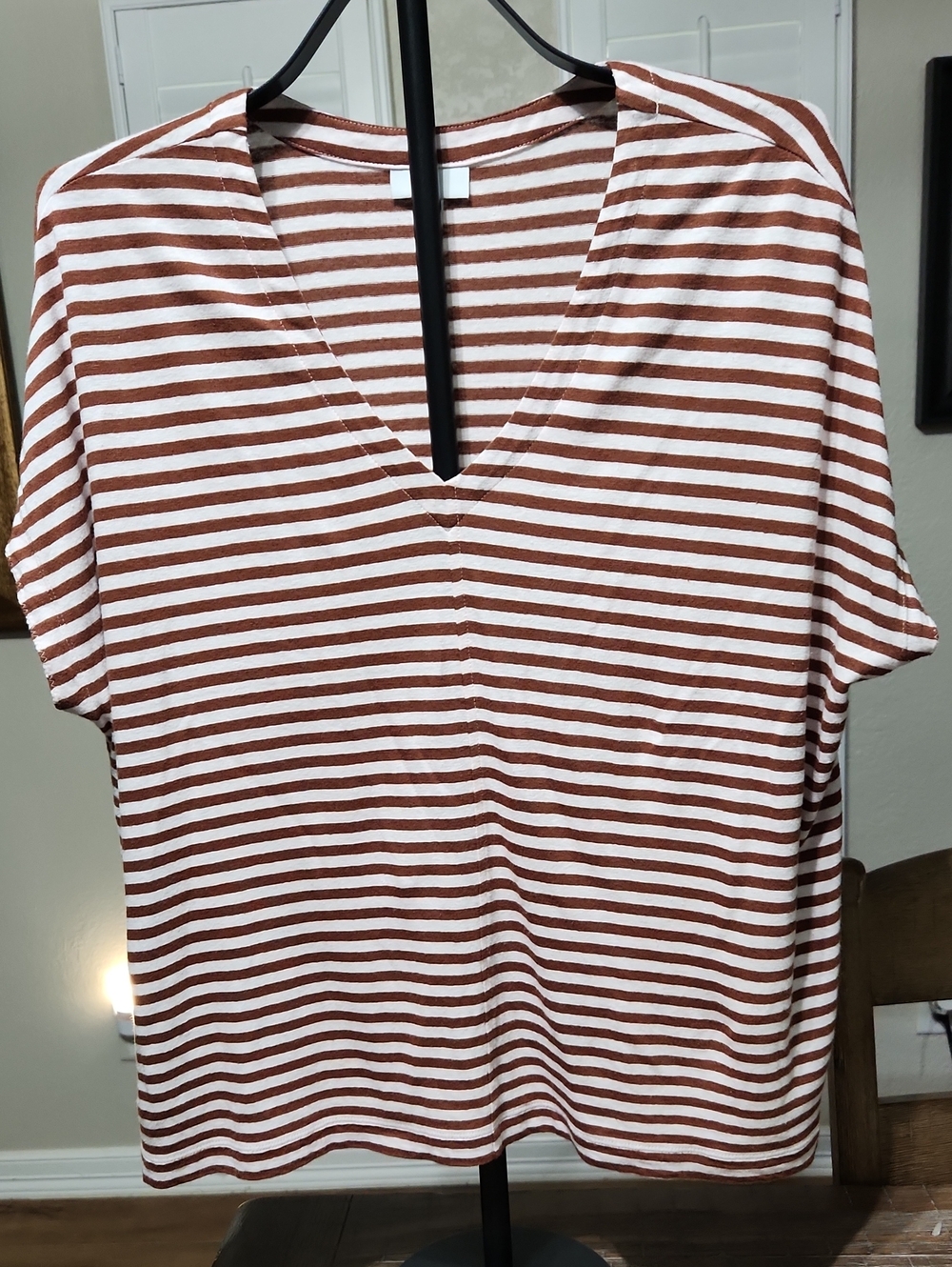 J Jill Womens V-Neck Top | White and Brown Striped Linen | X-Large